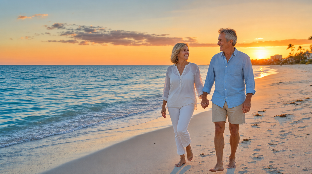 Happy mature couple walking on a South Florida beach at sunset