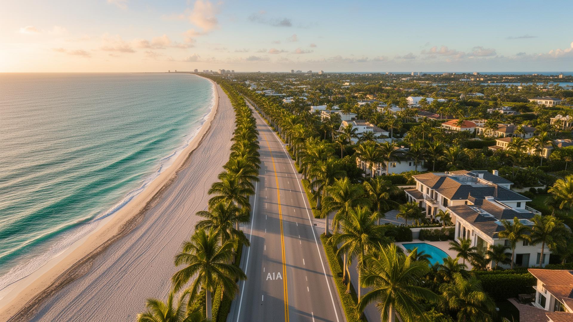 A1A coastal highway lined with palms along the Palm Beach oceanfront