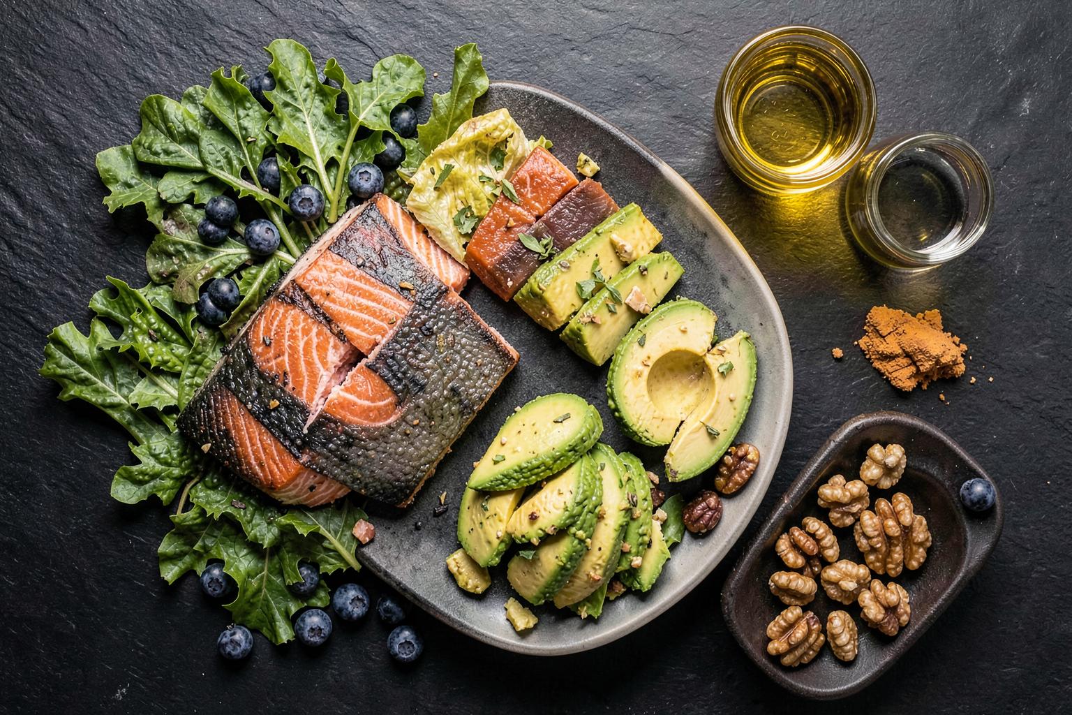 Anti-inflammatory diet for nerve pain with salmon, leafy greens, blueberries, avocado, walnuts and turmeric
