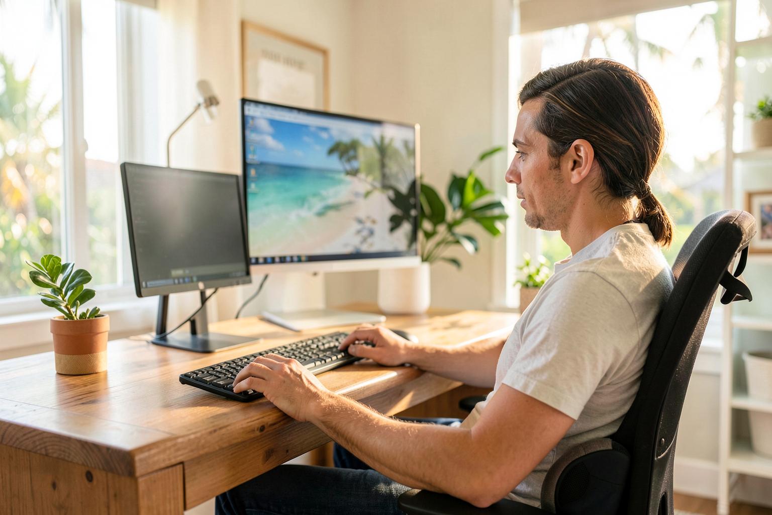 Ergonomic desk setup with a monitor at eye level and lumbar support in a bright home office