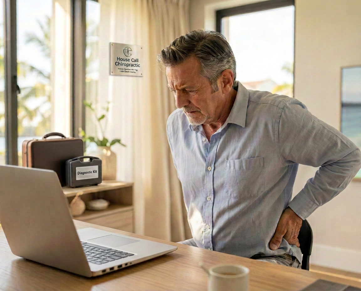 Desk worker holding his lower back in discomfort while working on a laptop in a South Florida home office
