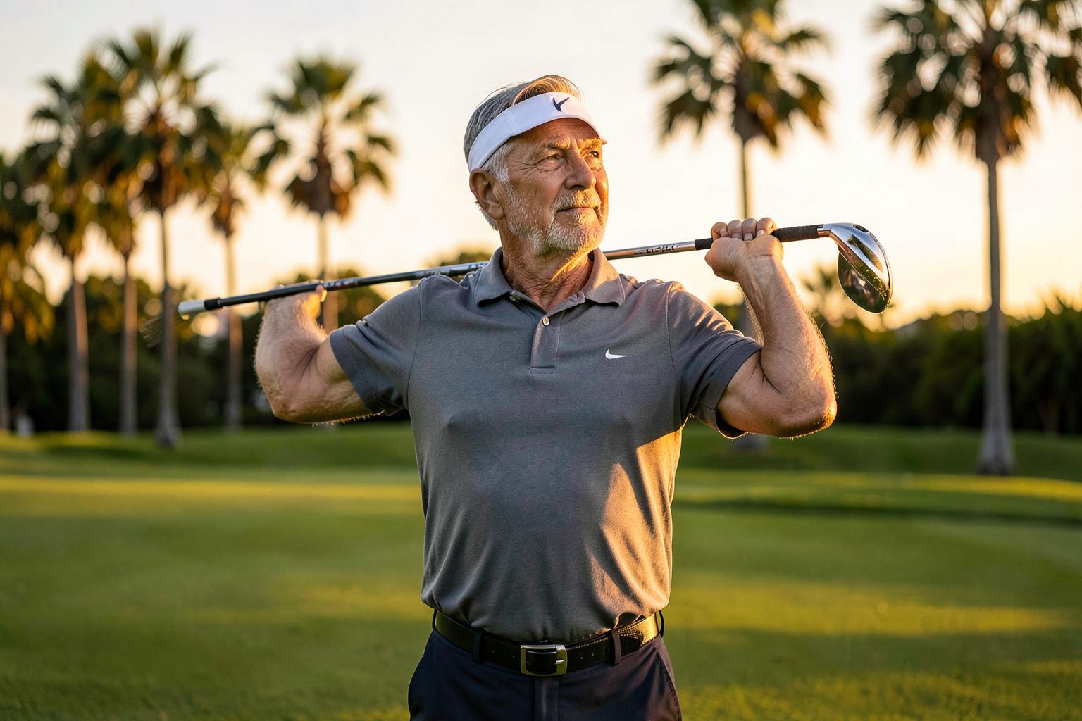 Golfer performing a thoracic rotation warm-up with a club across his shoulders on a Palm Beach golf course