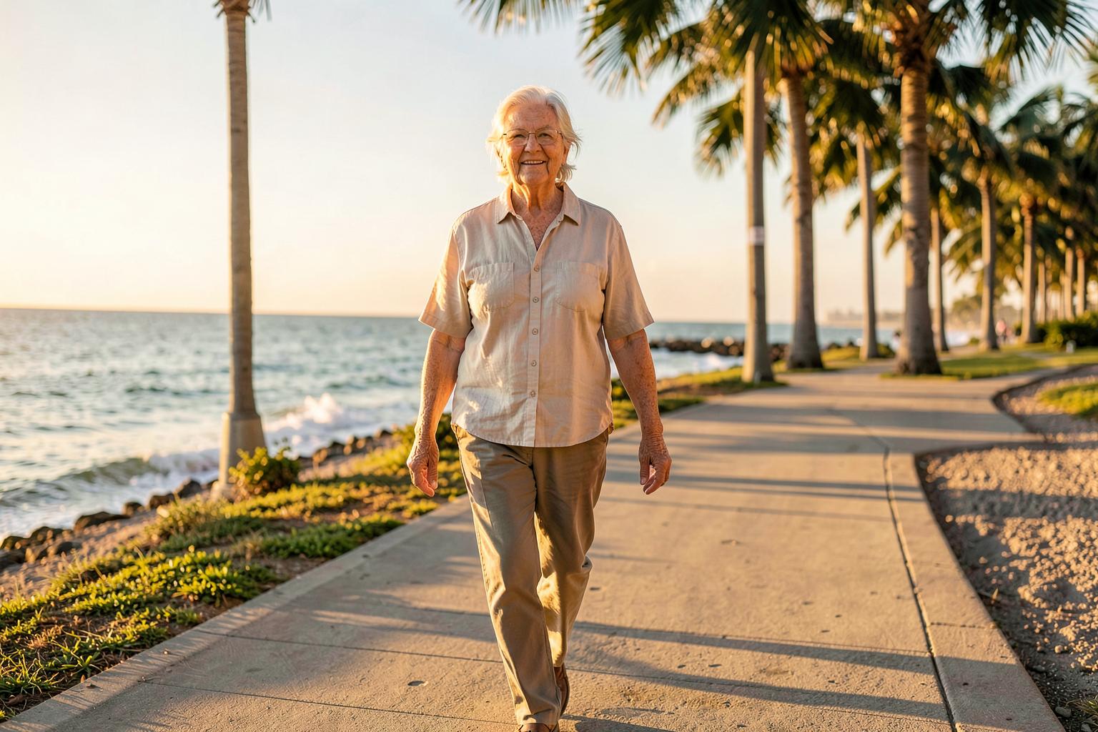 Older adult walking comfortably along the coast after neuropathy treatment in Boynton Beach, Florida