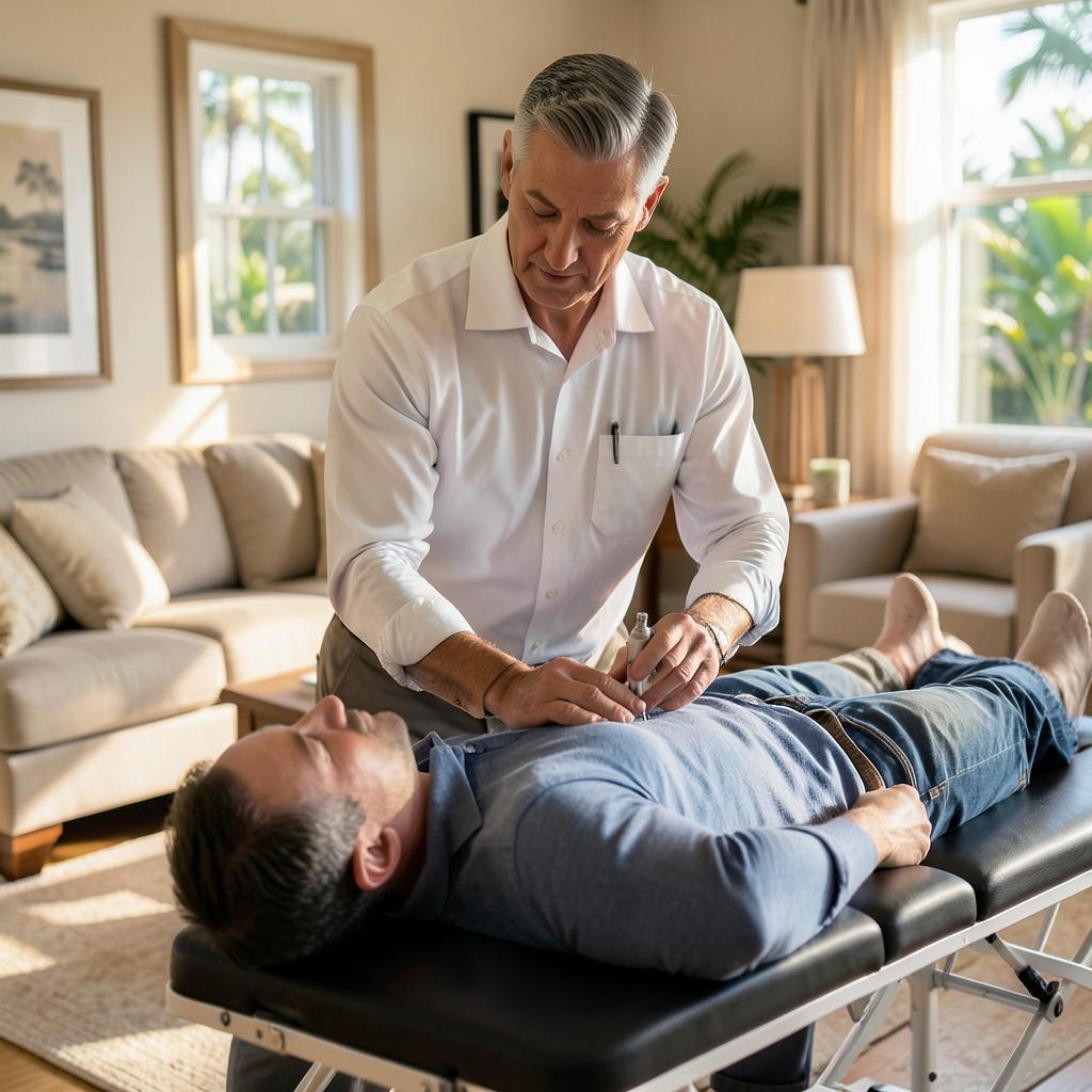 A concierge chiropractor performing a gentle low-force instrument adjustment on a patient resting at home
