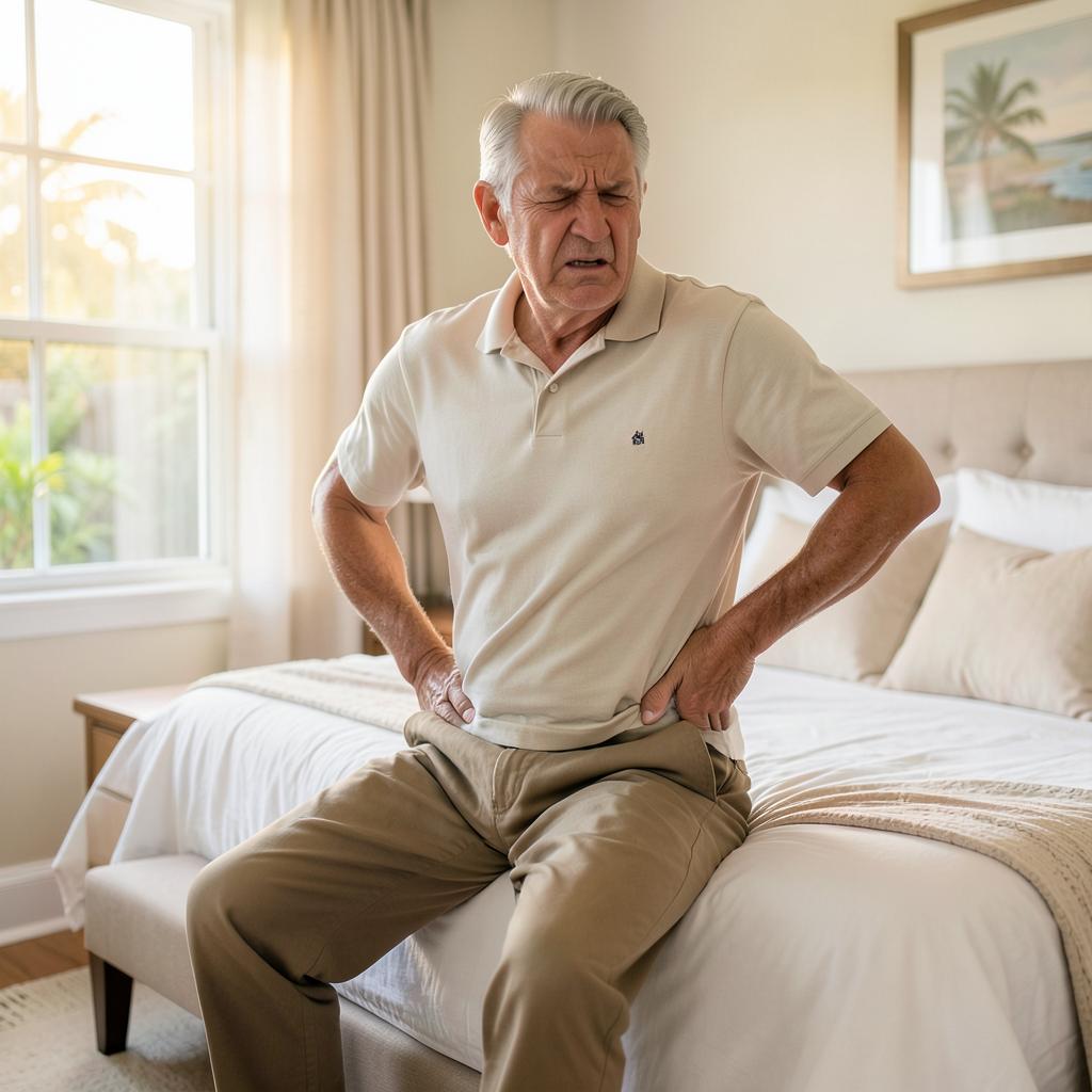 Older man sitting on his bed at home pressing his lower back during an acute sciatica flare-up